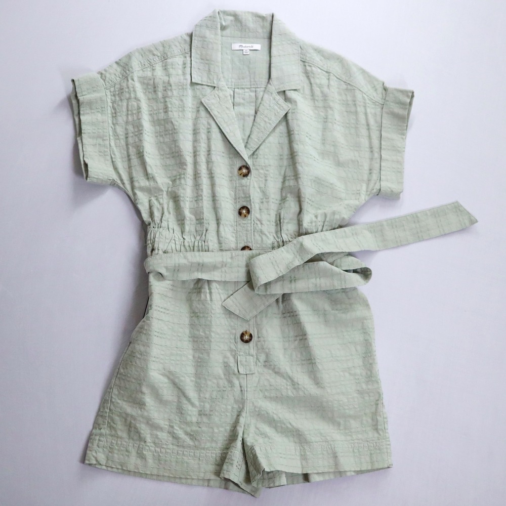 Madewell Seersucker Camp Romper Women XS Sage Green Button Front Belted SS NF853